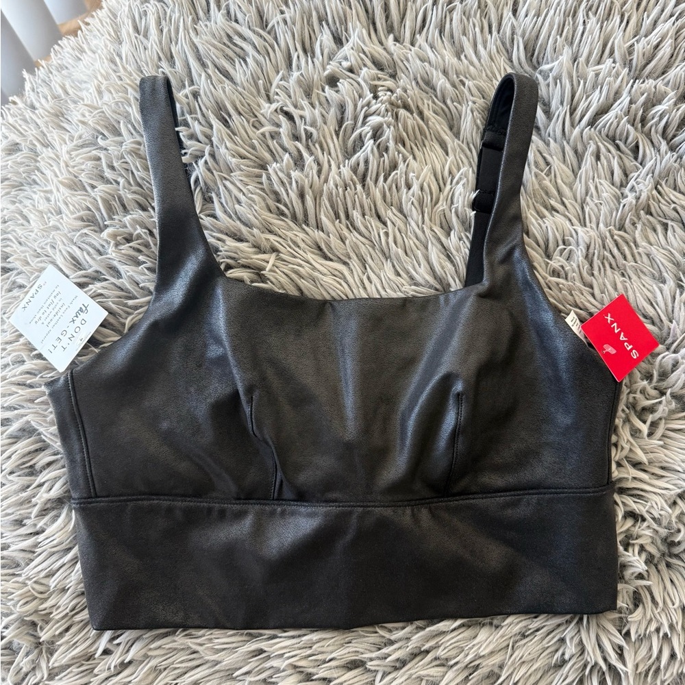 Spanx Black Faux Leather Square Neck Crop Tank Top SZ Large New With Tags